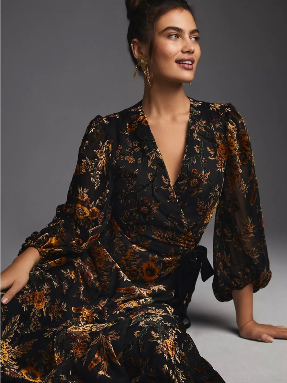 Hutch Velvet Wrap Dress with Gold Floral Print